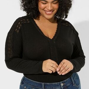 Torrid Top Black Long Sleeve V Neck, Lace Drop Shoulder Stretch Knit 1X 1 NEW